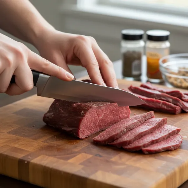 Hands slicing lean beef eye of round against the grain for homemade jerky.