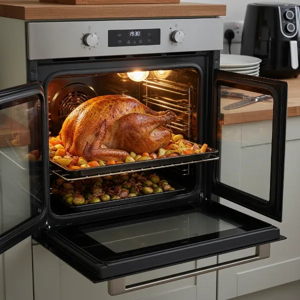 Large traditional electric oven cooking a big roast chicken for a family meal.