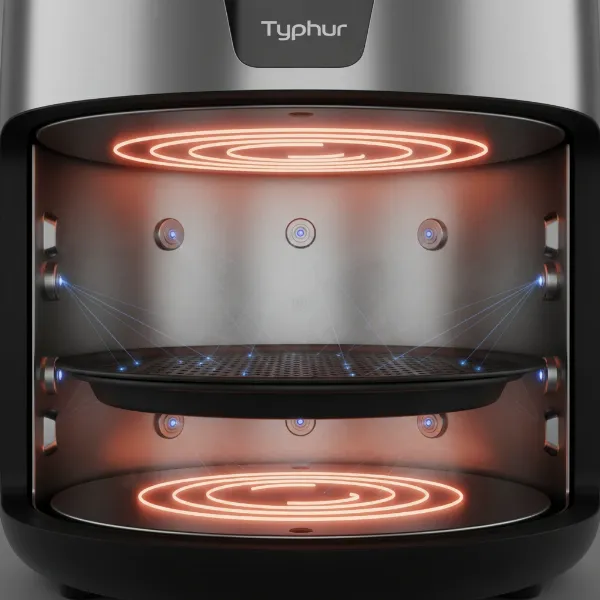 Typhur Dome Air Fryer interior showcasing dual heating elements for even cooking.