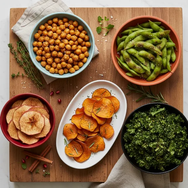 An arrangement of five different healthy air fryer snacks, colorful and appealing, ready to eat.