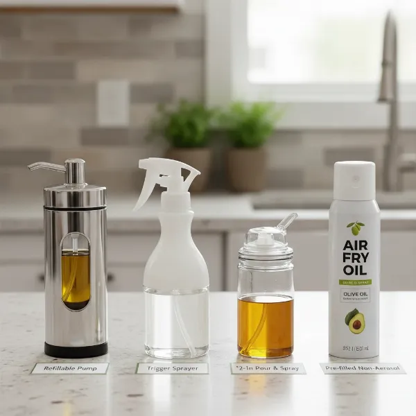 A collection of different oil sprayers for air frying: pump, trigger, 2-in-1, and pre-filled models.
