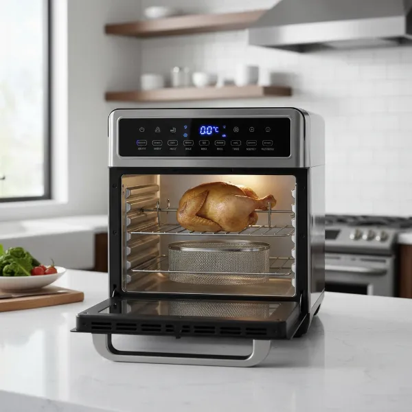 A multi-functional, silver oven-style air fryer with a glass door and multiple racks.