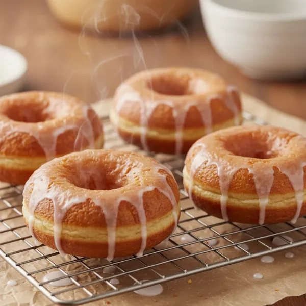 Warm, golden-brown air-fried donuts with a delicate glaze, cooling on a metal wire rack.