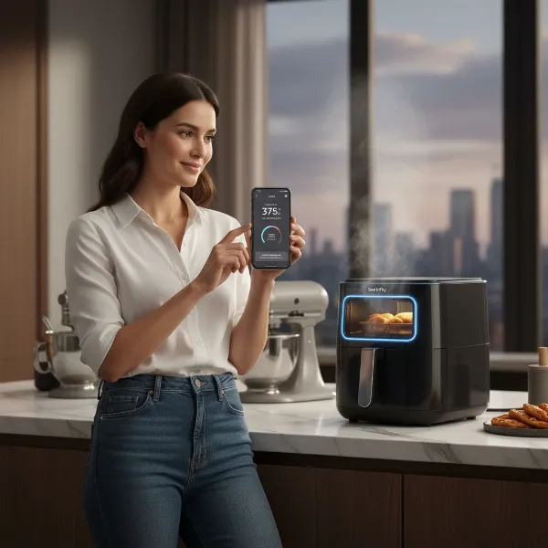 Woman using a smartphone app to monitor and adjust smart air fryer settings while cooking chicken wings.
