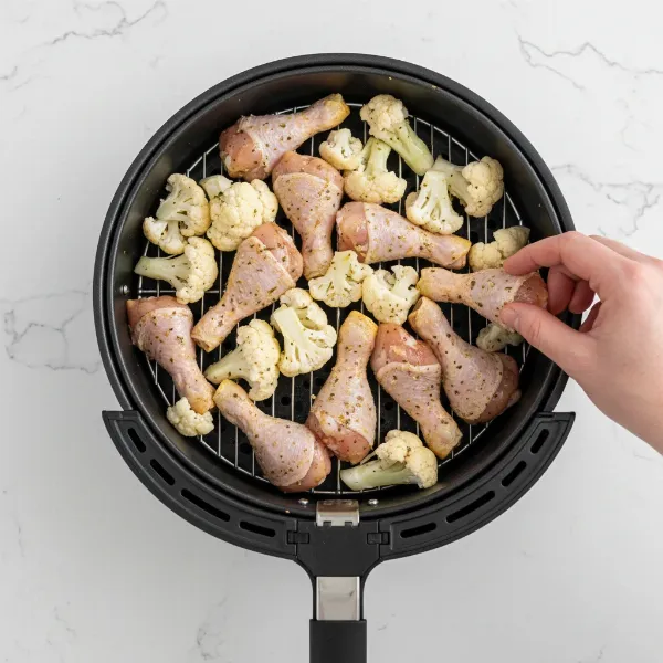 A person demonstrating proper air fryer usage, like arranging food in a single layer.