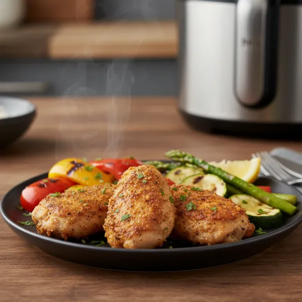 Delicious, perfectly cooked air-fried chicken and grilled vegetables from Ninja Foodi.