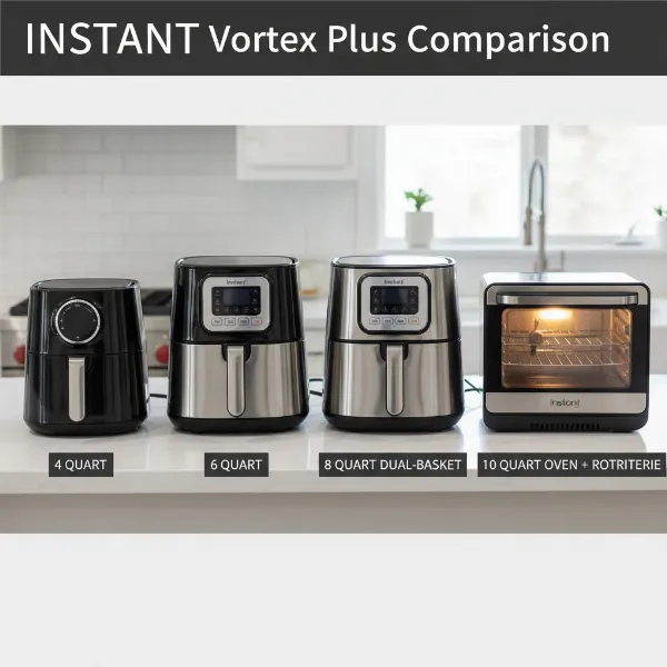 Different Instant Vortex Plus air fryer models showcasing various capacities and configurations, from small basket to larger oven-style.