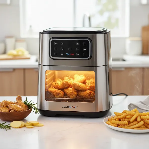Instant Vortex Plus air fryer with ClearCook window illuminated, showing food cooking inside, placed on a modern kitchen counter.